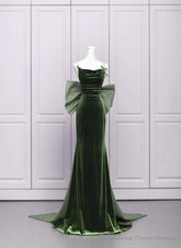 Green Velvet Straps Low Back Evening Dress, Green Velvet Prom Dress